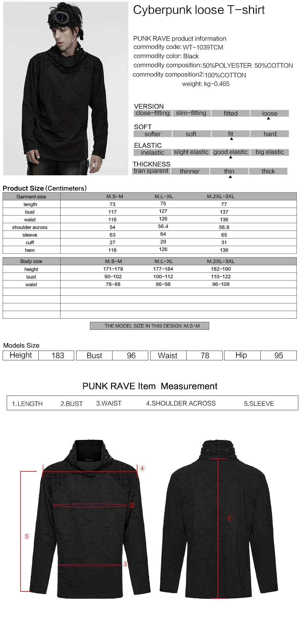 WT-1039TCM Gothic Texture Long Sleeve Punk T-Shirt With Neck Detail - Image 2