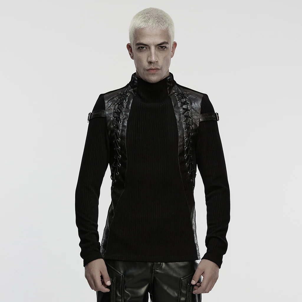 WT-1040TCM Edgy Black Lace-Up Punk T-Shirts Gothic Leather Details
