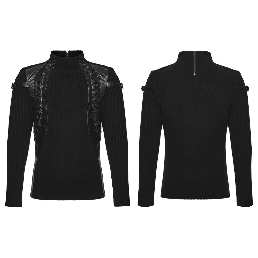 WT-1040TCM Edgy Black Lace-Up Punk T-Shirts Gothic Leather Details - Image 6