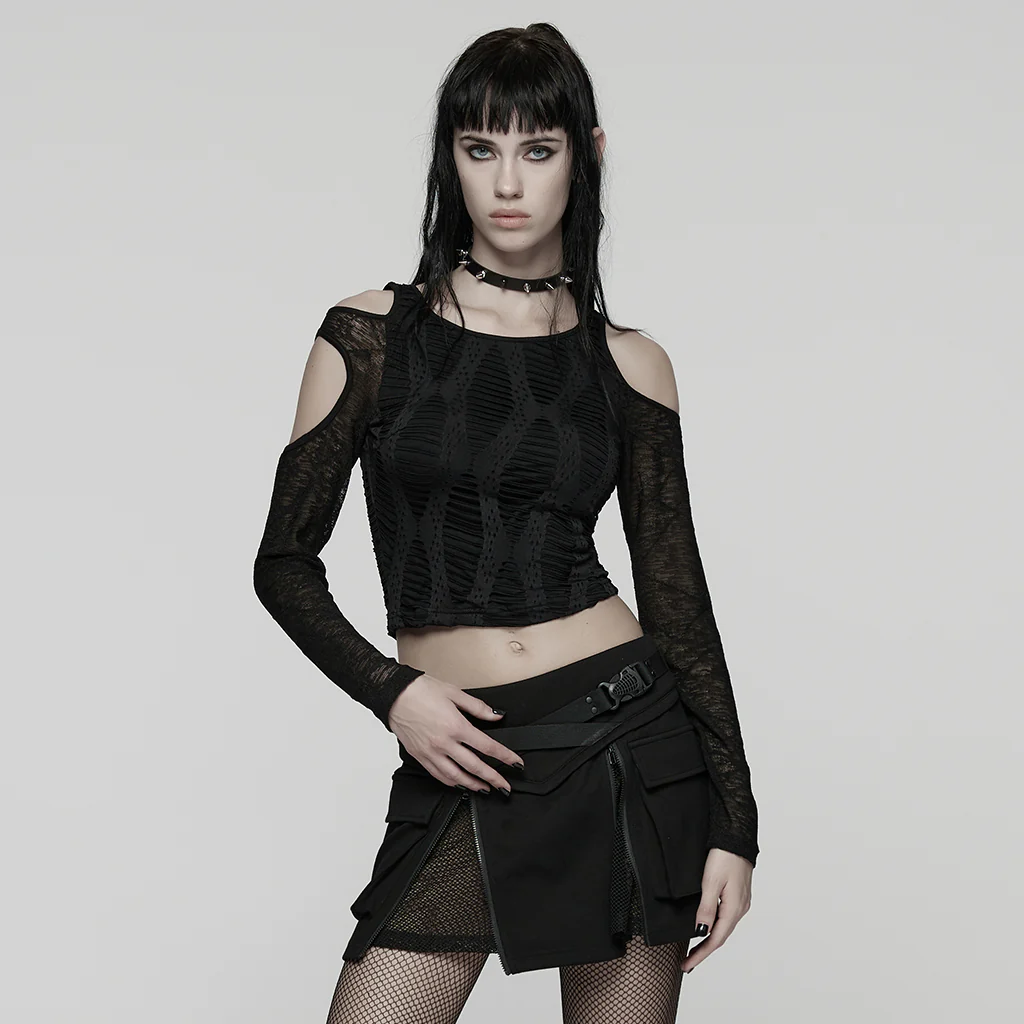 WT-1042TCF Edgy Black Cutout Long Sleeve Punk T-Shirts Top