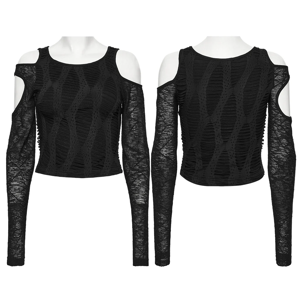 WT-1042TCF Edgy Black Cutout Long Sleeve Punk T-Shirts Top - Image 6