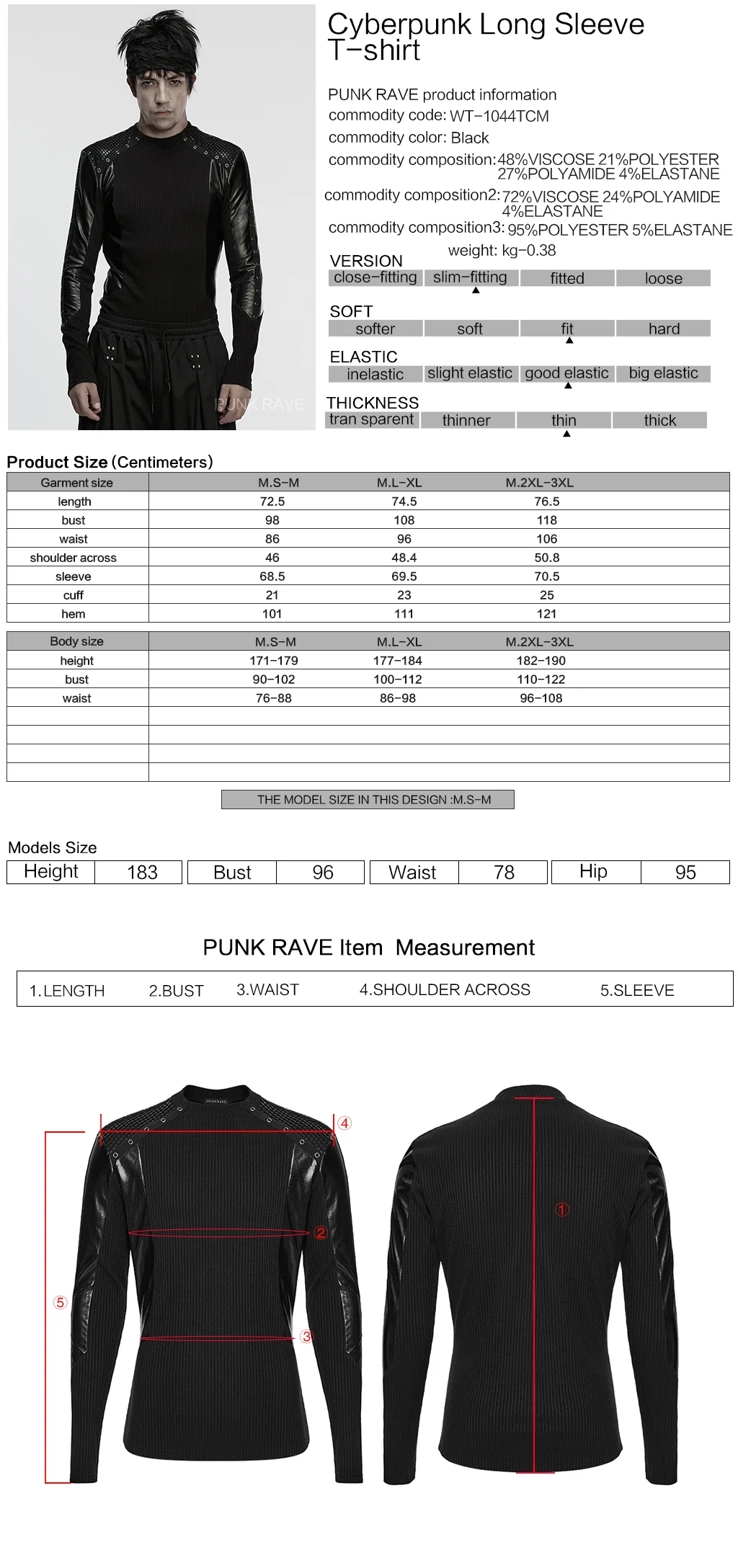WT-1044TCM Edgy Punk T-Shirts with Leather Detail and Studded Accents - Image 2