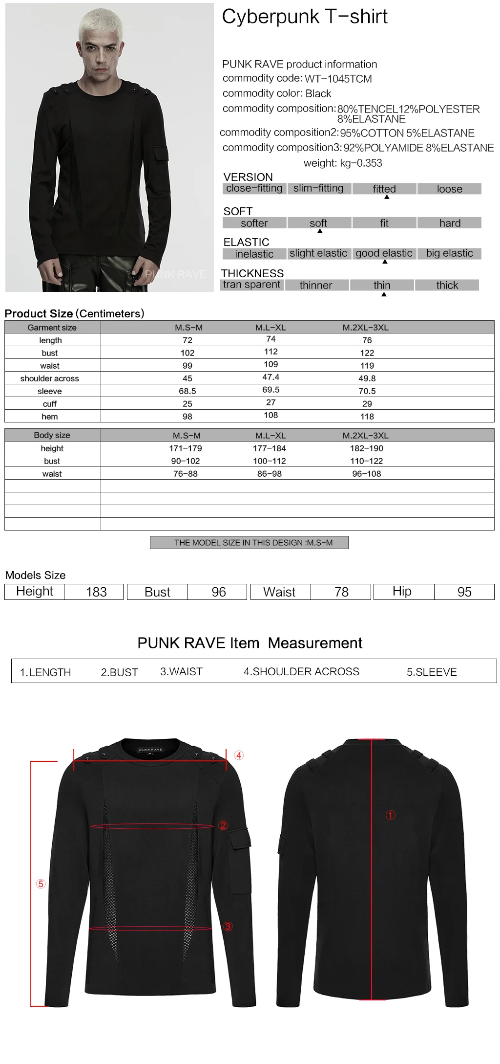 WT-1045TCM Edgy Black Long-Sleeve Punk T-Shirts with Shoulder Detail - Image 2