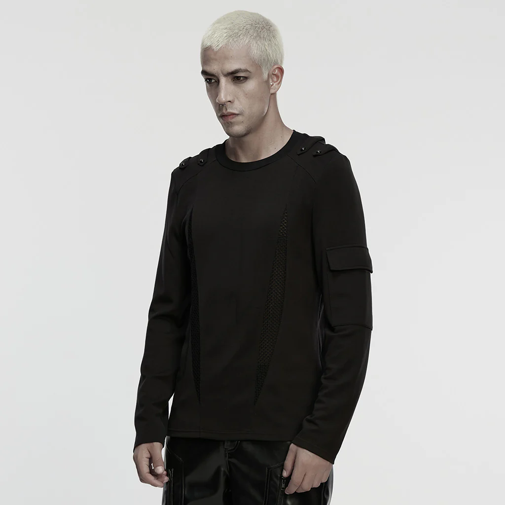WT-1045TCM Edgy Black Long-Sleeve Punk T-Shirts with Shoulder Detail - Image 3