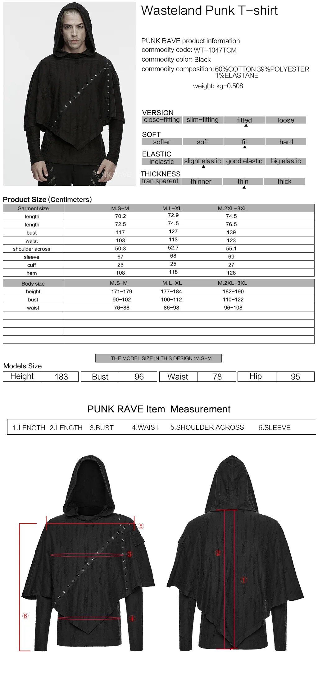 WT-1047TCM Gothic Hooded Punk T-Shirts with Rivet Accent Design - Image 2