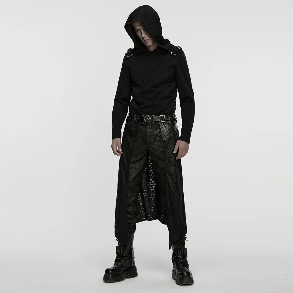 WT-1051TCM Punk Shirts Mens Black Hooded Strap Detail Long Sleeve Top - Image 5