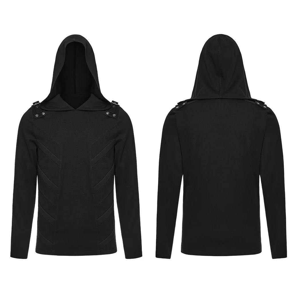 WT-1051TCM Punk Shirts Mens Black Hooded Strap Detail Long Sleeve Top - Image 6