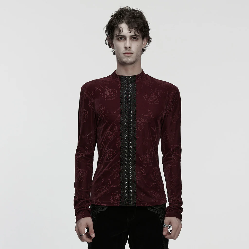 WT-1055TCM Gothic T-Shirts Dark Red Floral Lace-Up Long Sleeve Top