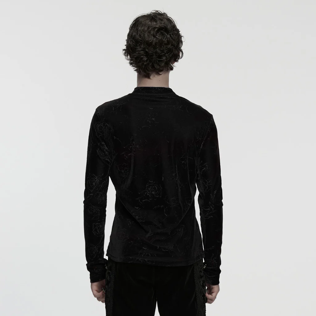 WT-1055TCM Gothic T-Shirts Dark Red Floral Lace-Up Long Sleeve Top - Image 15