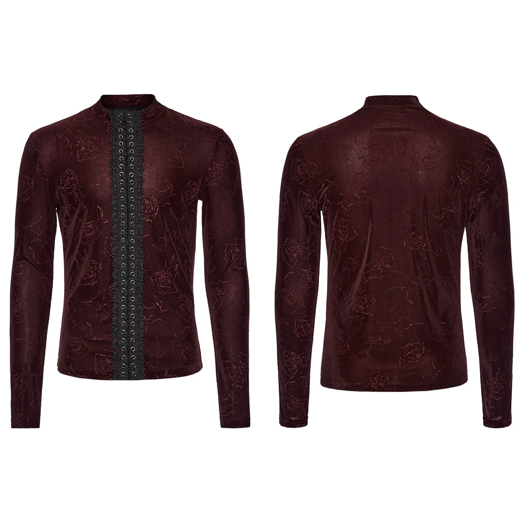 WT-1055TCM Gothic T-Shirts Dark Red Floral Lace-Up Long Sleeve Top - Image 6