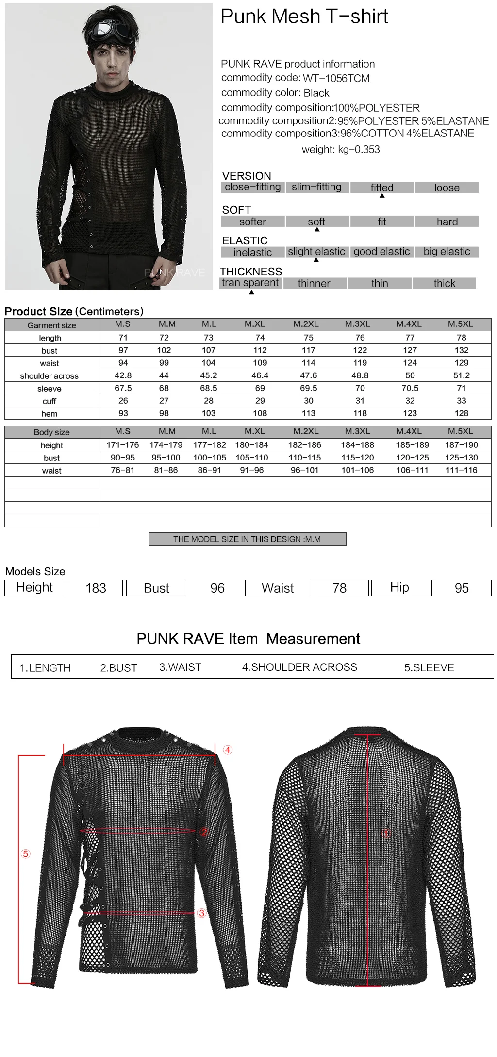 WT-1056TCM Black Mesh Grommet Punk T-Shirts Edgy Long Sleeve Style - Image 2