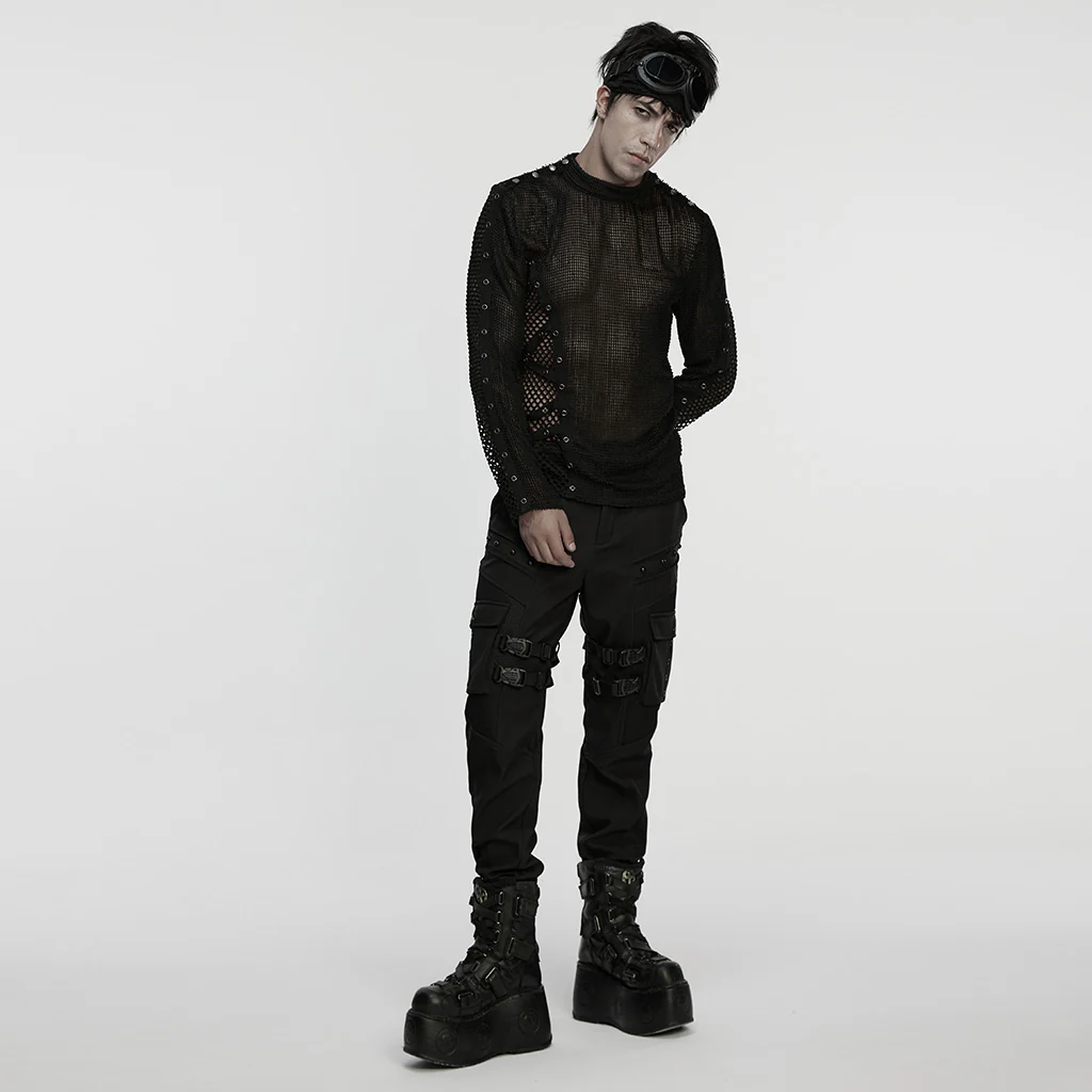WT-1056TCM Black Mesh Grommet Punk T-Shirts Edgy Long Sleeve Style - Image 5