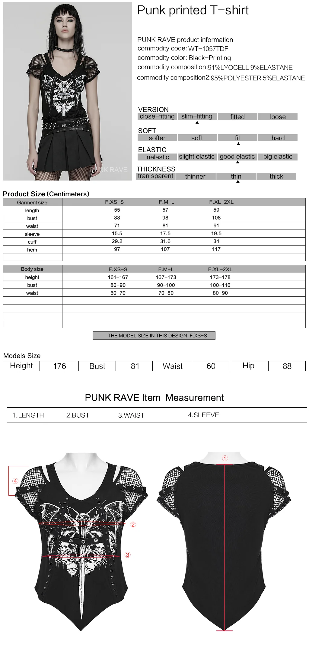 WT-1057TDF Gothic Mesh Sleeve Punk T-Shirts with Skull Graphics - Image 2
