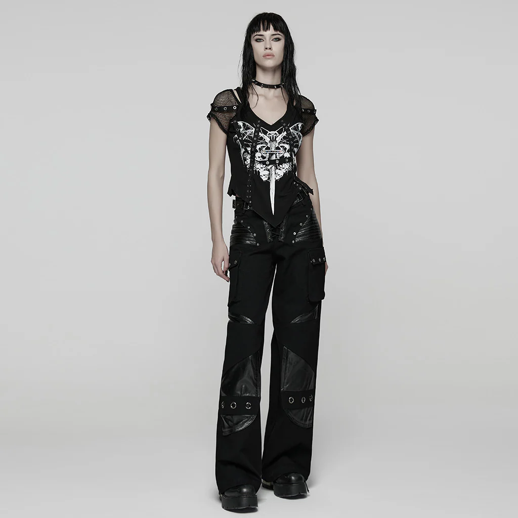 WT-1057TDF Gothic Mesh Sleeve Punk T-Shirts with Skull Graphics - Image 6