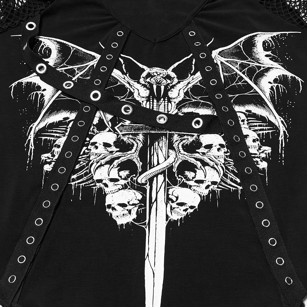 WT-1057TDF Gothic Mesh Sleeve Punk T-Shirts with Skull Graphics - Image 8