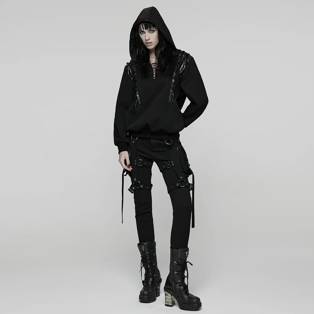 WT-1059WYF Edgy Gothic Punk Sweater with Lace-up Leather Details Hood - Image 5
