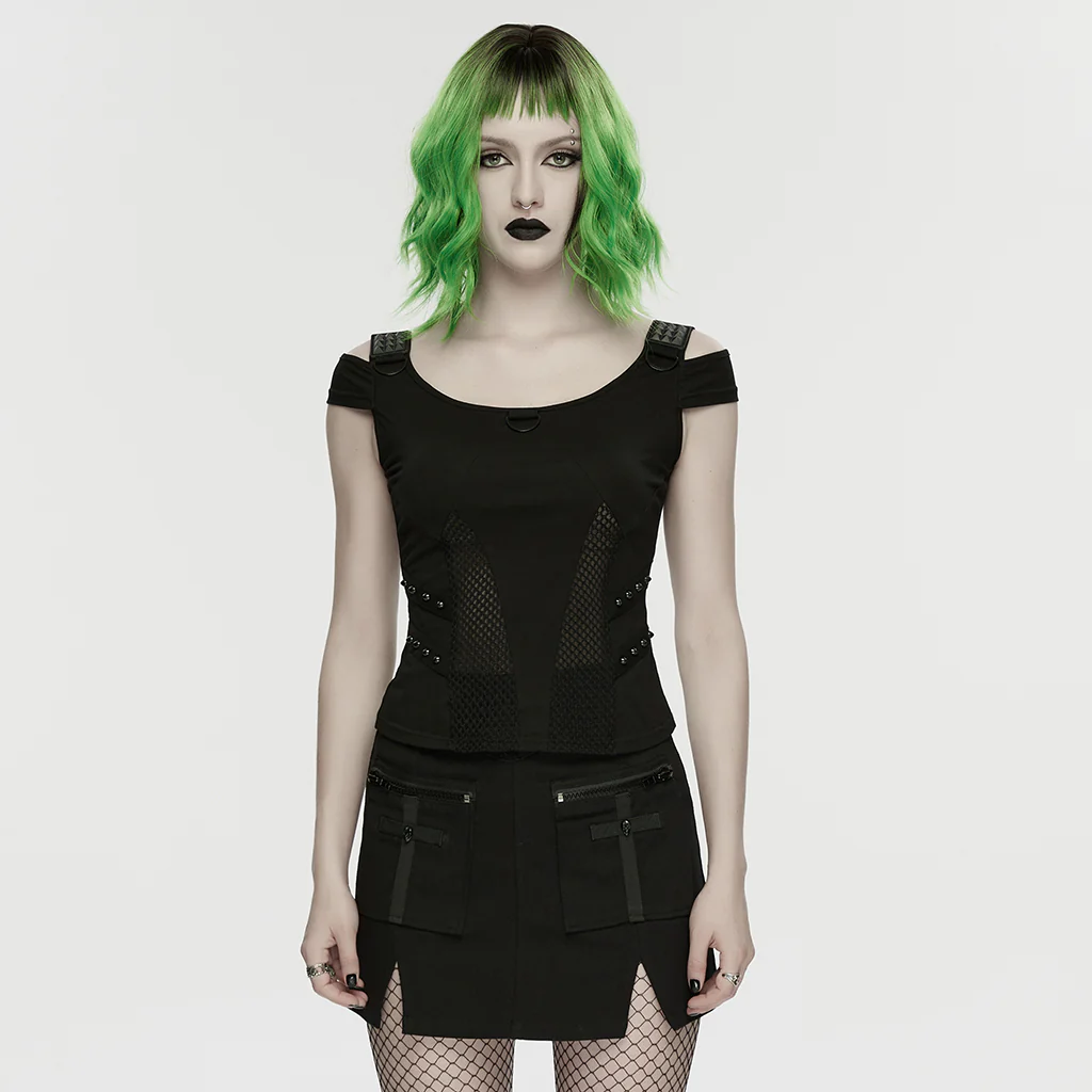 WT-1065TDF Green Mesh Accent Cutout Punk T-Shirts Edgy Shoulder Straps - Image 13