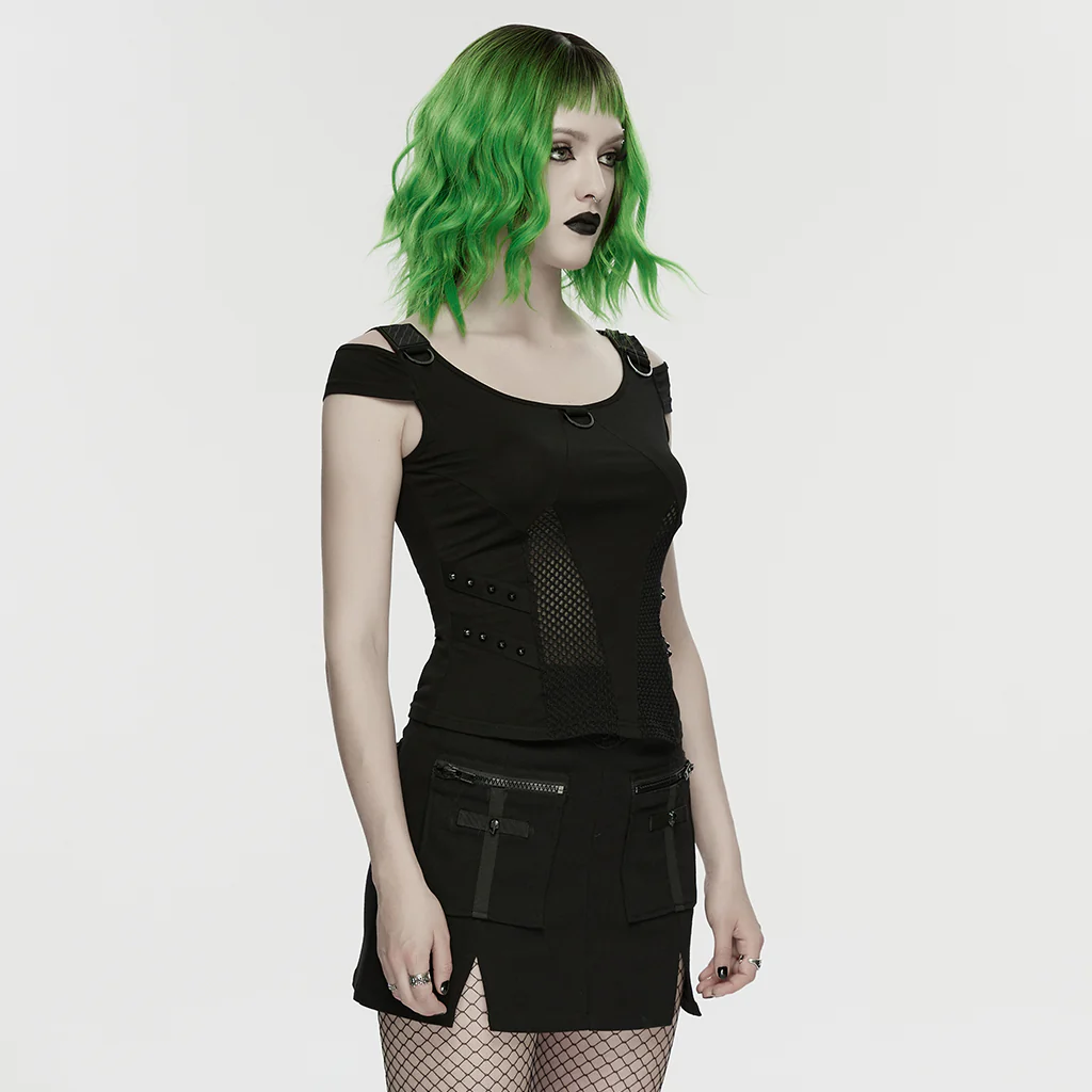WT-1065TDF Green Mesh Accent Cutout Punk T-Shirts Edgy Shoulder Straps - Image 14