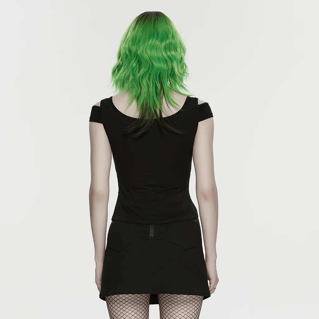 WT-1065TDF Green Mesh Accent Cutout Punk T-Shirts Edgy Shoulder Straps - Image 15
