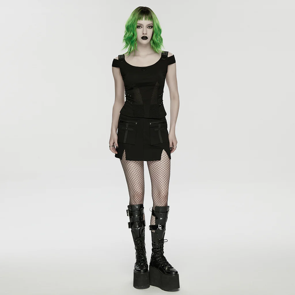 WT-1065TDF Green Mesh Accent Cutout Punk T-Shirts Edgy Shoulder Straps - Image 16