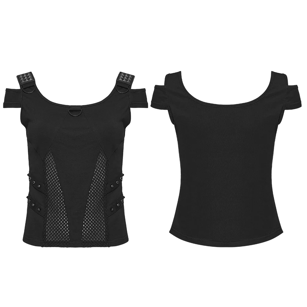 WT-1065TDF Green Mesh Accent Cutout Punk T-Shirts Edgy Shoulder Straps - Image 17