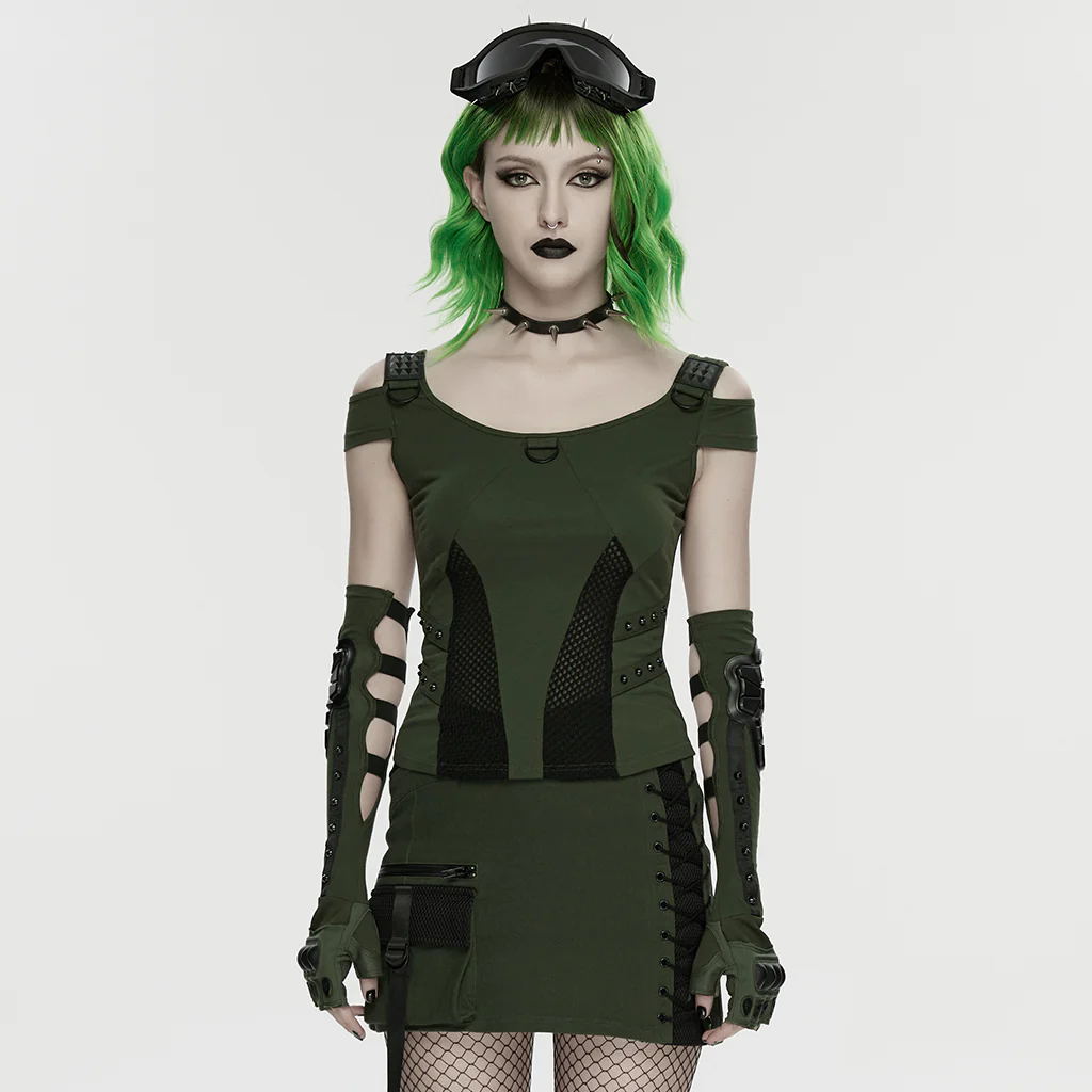 WT-1065TDF Green Mesh Accent Cutout Punk T-Shirts Edgy Shoulder Straps - Image 3