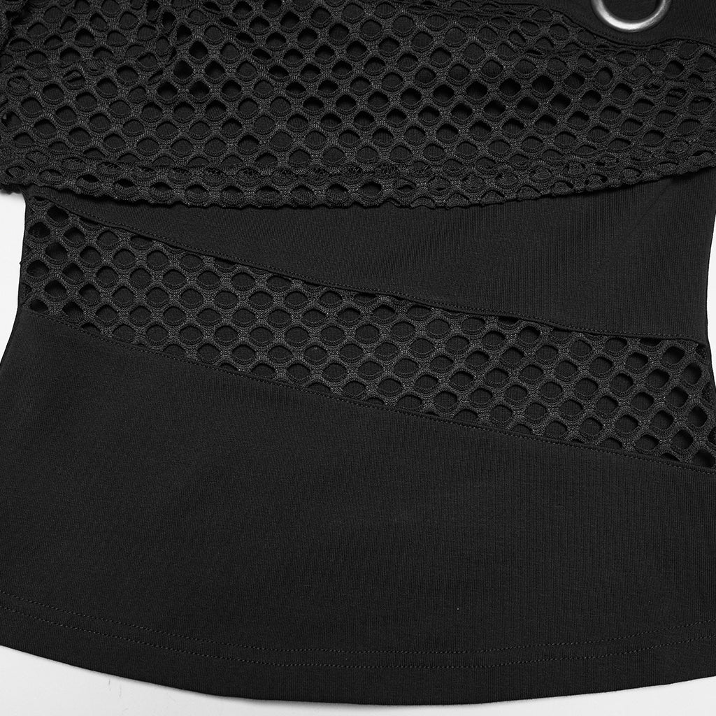 WT-1078TDF Edgy Asymmetrical Fishnet Punk Shirt Grommet Detail Black Top - Image 10