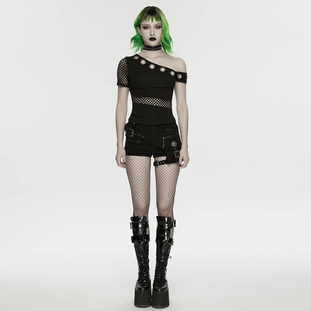 WT-1078TDF Edgy Asymmetrical Fishnet Punk Shirt Grommet Detail Black Top - Image 5