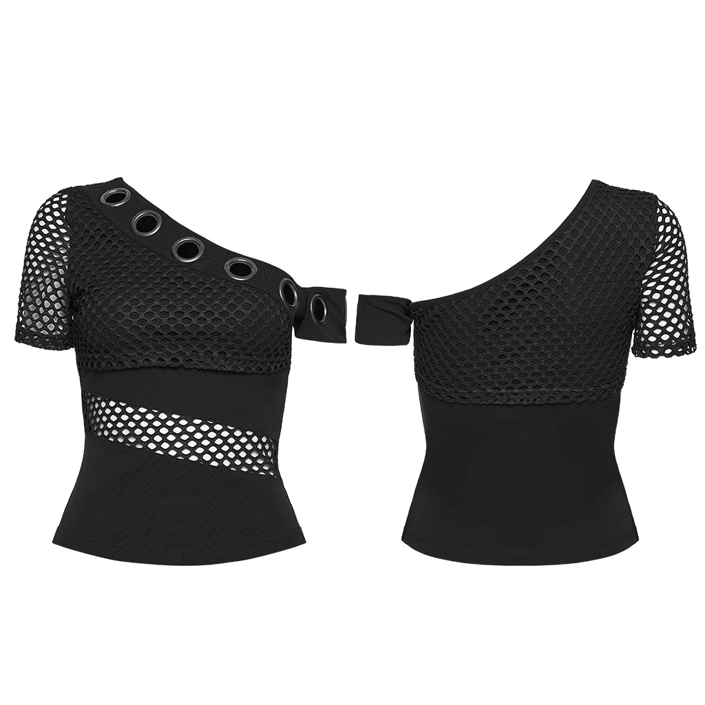 WT-1078TDF Edgy Asymmetrical Fishnet Punk Shirt Grommet Detail Black Top - Image 6