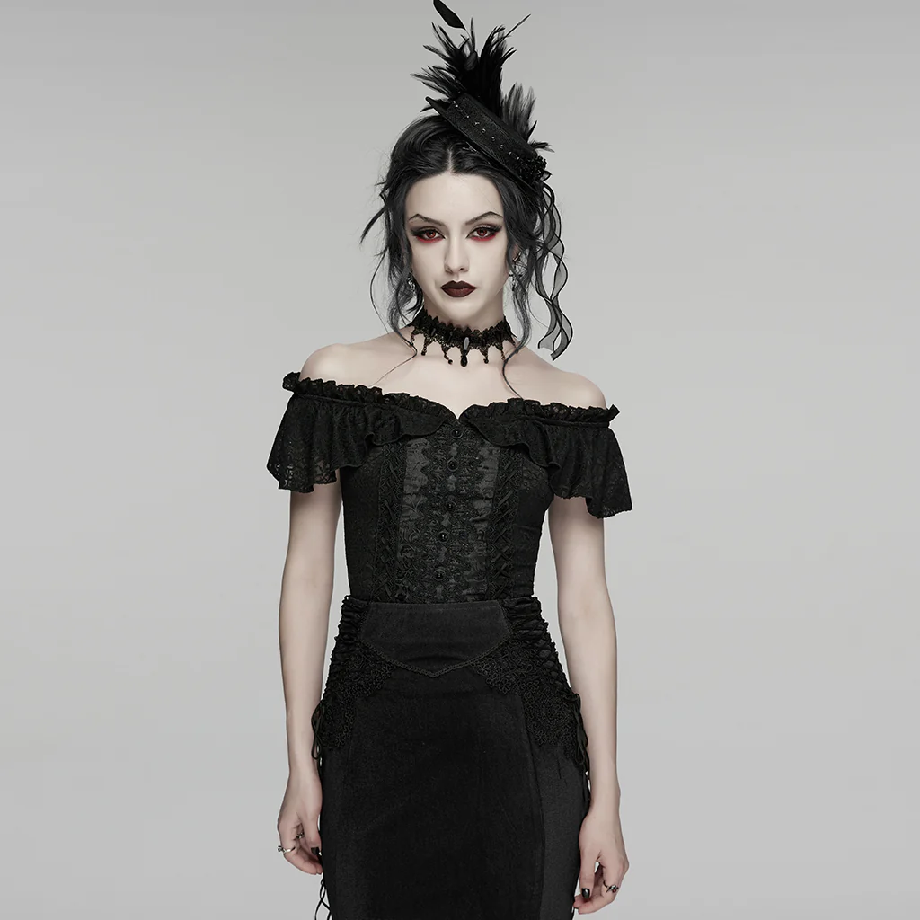WT-1094TDF Gothic T-Shirt Off-Shoulder Lace Ruffle Victorian Style Top