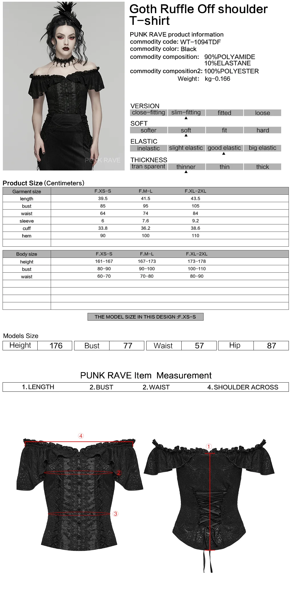 WT-1094TDF Gothic T-Shirt Off-Shoulder Lace Ruffle Victorian Style Top - Image 2