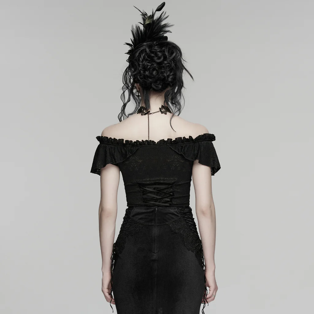 WT-1094TDF Gothic T-Shirt Off-Shoulder Lace Ruffle Victorian Style Top - Image 4