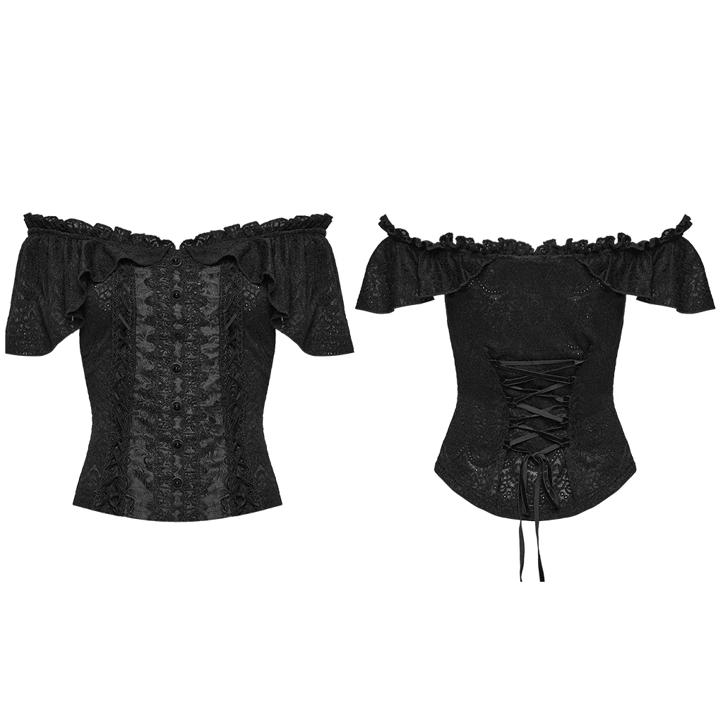 WT-1094TDF Gothic T-Shirt Off-Shoulder Lace Ruffle Victorian Style Top - Image 6
