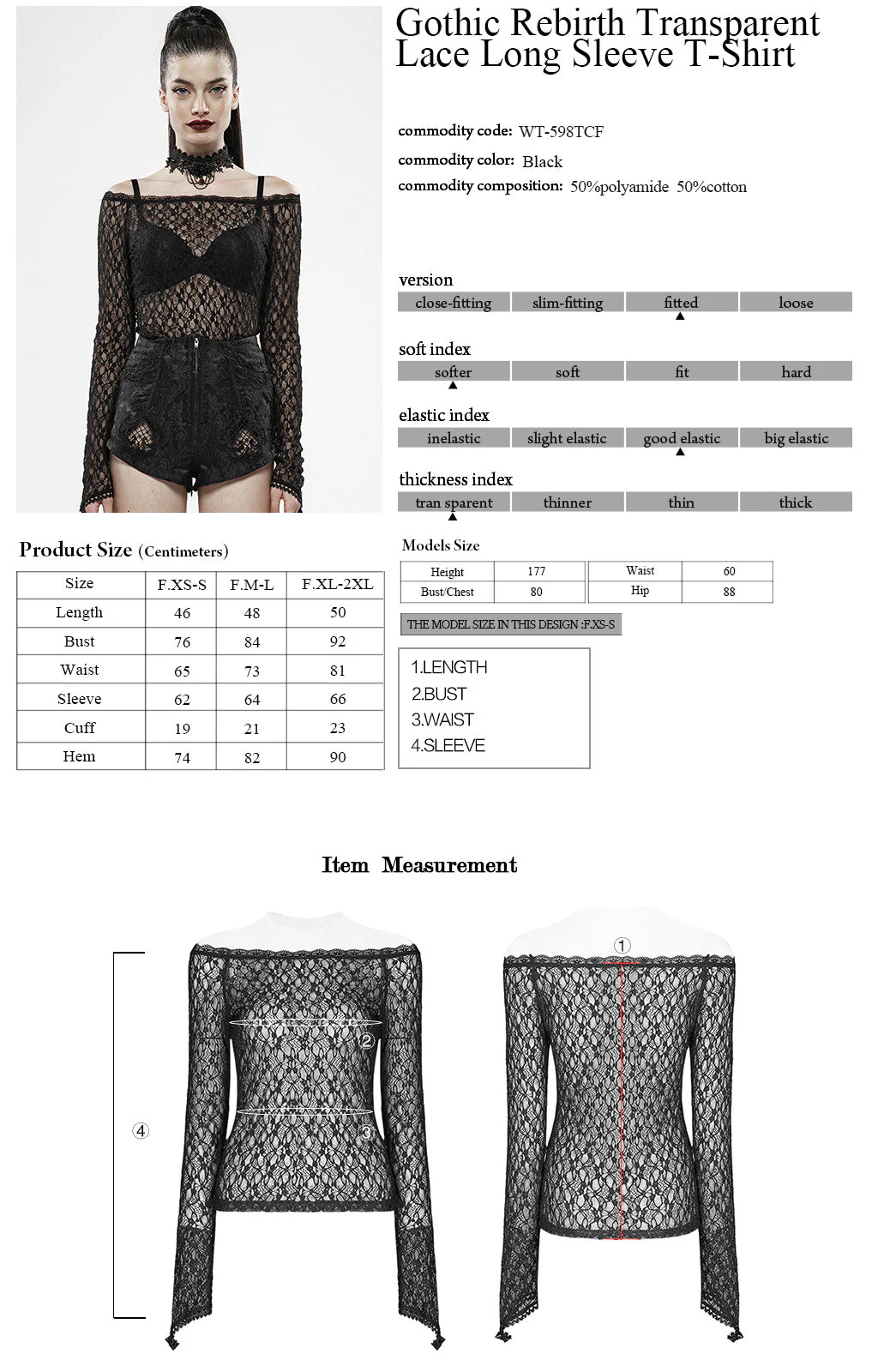 WT-598TCF Gothic Lace Transparent Long Sleeve T-Shirt Black Mesh Design - Image 11