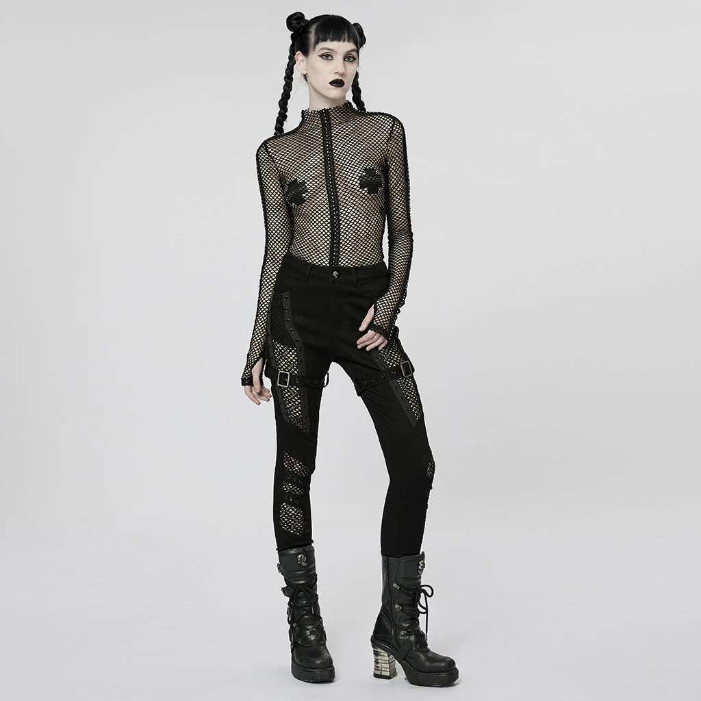 WT-760TCF Gothic Fishnet Long Sleeve Punk T-Shirt Zippered Design - Image 39