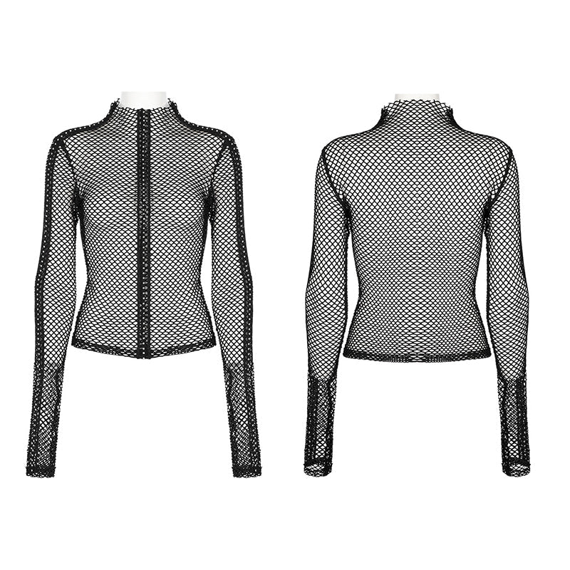 WT-760TCF Gothic Fishnet Long Sleeve Punk T-Shirt Zippered Design - Image 4