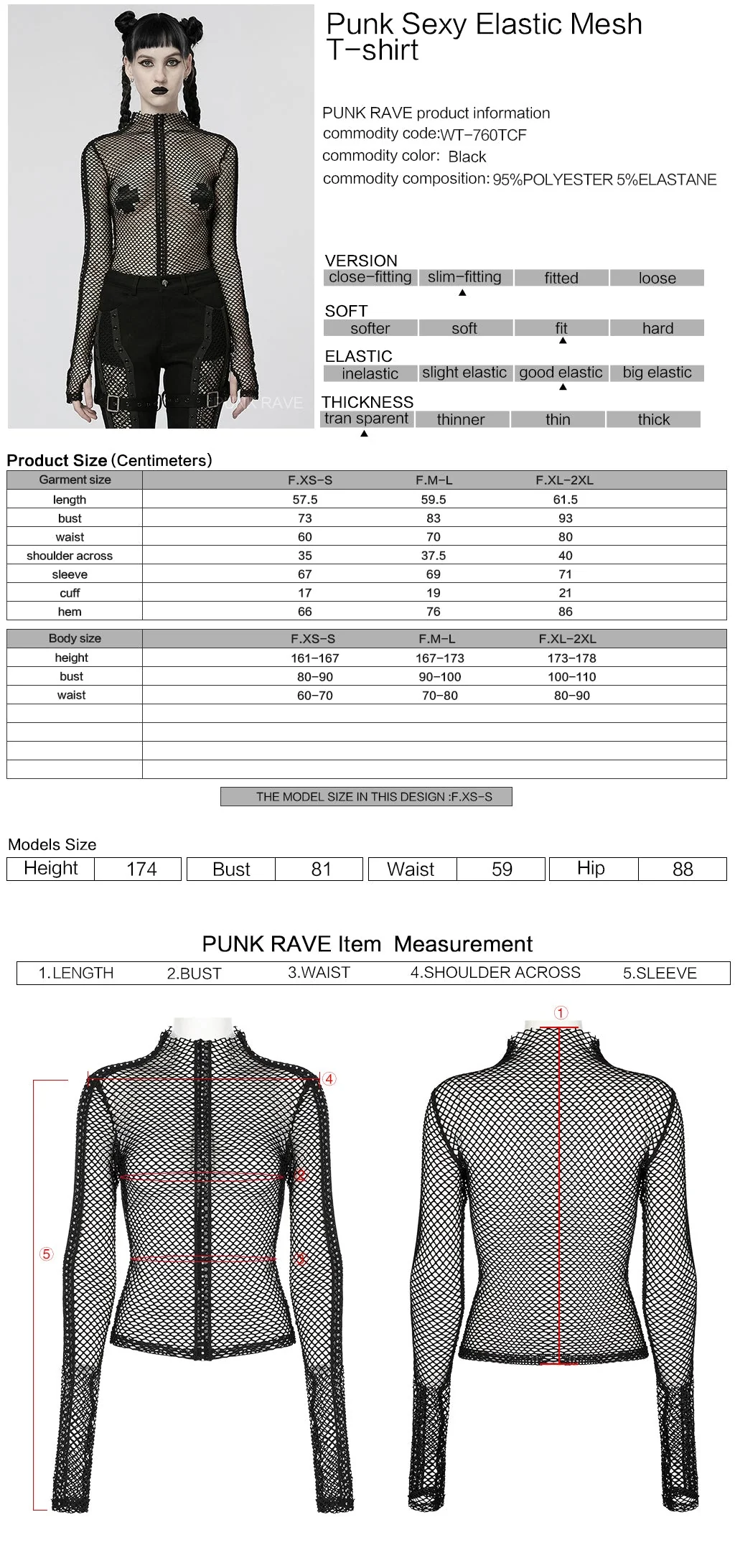 WT-760TCF Gothic Fishnet Long Sleeve Punk T-Shirt Zippered Design - Image 7