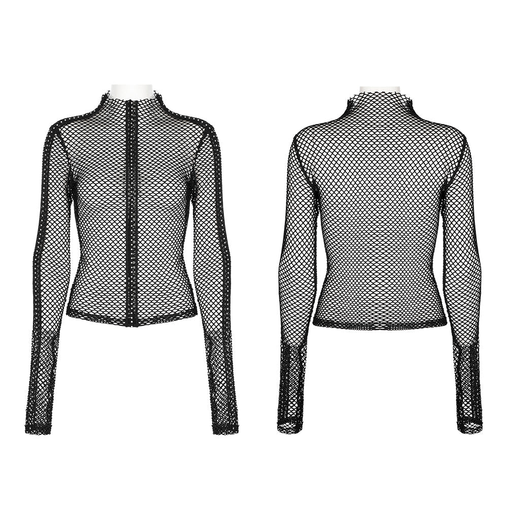 WT-760TCF Gothic Fishnet Long Sleeve Punk T-Shirt Zippered Design - Image 9