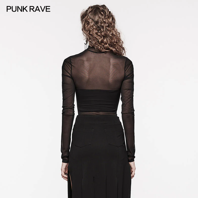 WT-800TCF Sheer Gothic Mesh Ruched Long Sleeve T-Shirt - Image 15