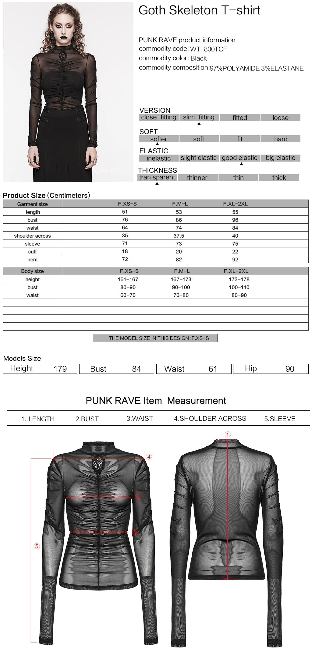 WT-800TCF Sheer Gothic Mesh Ruched Long Sleeve T-Shirt - Image 18
