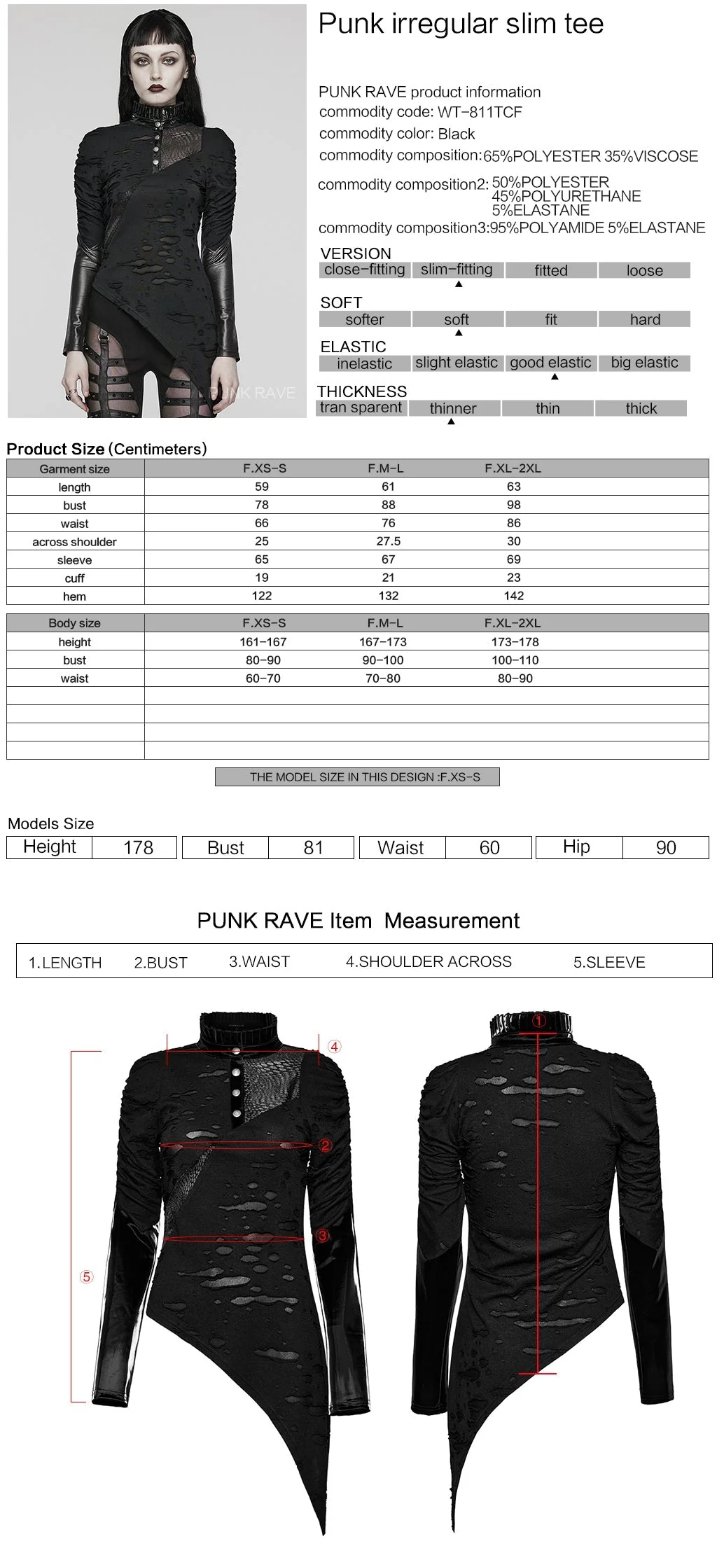 WT-811TCF Gothic Asymmetrical Distressed Punk Long Sleeve Top - Image 12