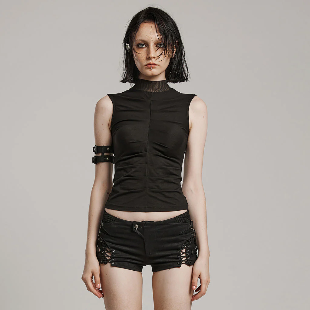 WT-820BXF black Sleeveless Mesh Collar Punk T-Shirt for Goth Style - Image 10