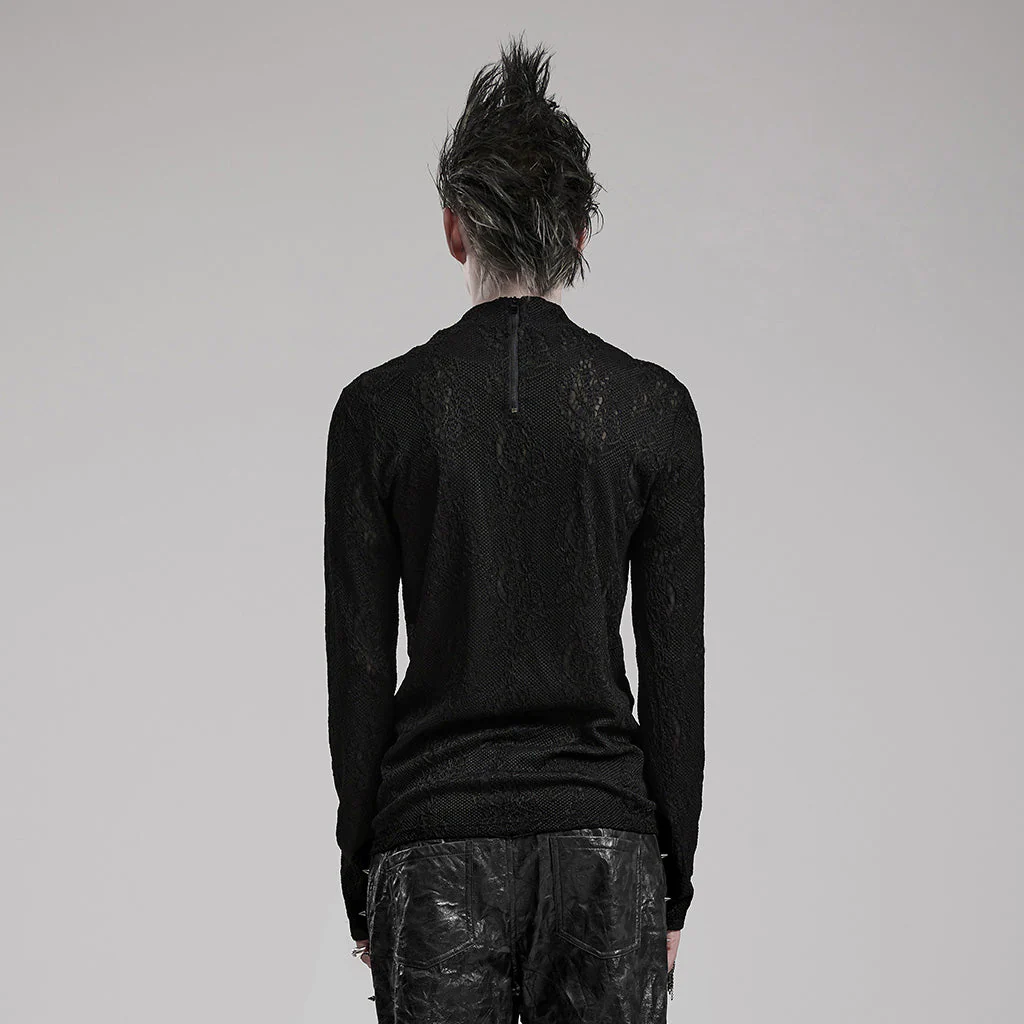 WT-826TCM Edgy black Lace Eyelet Gothic Shirt Long Sleeve - Image 4