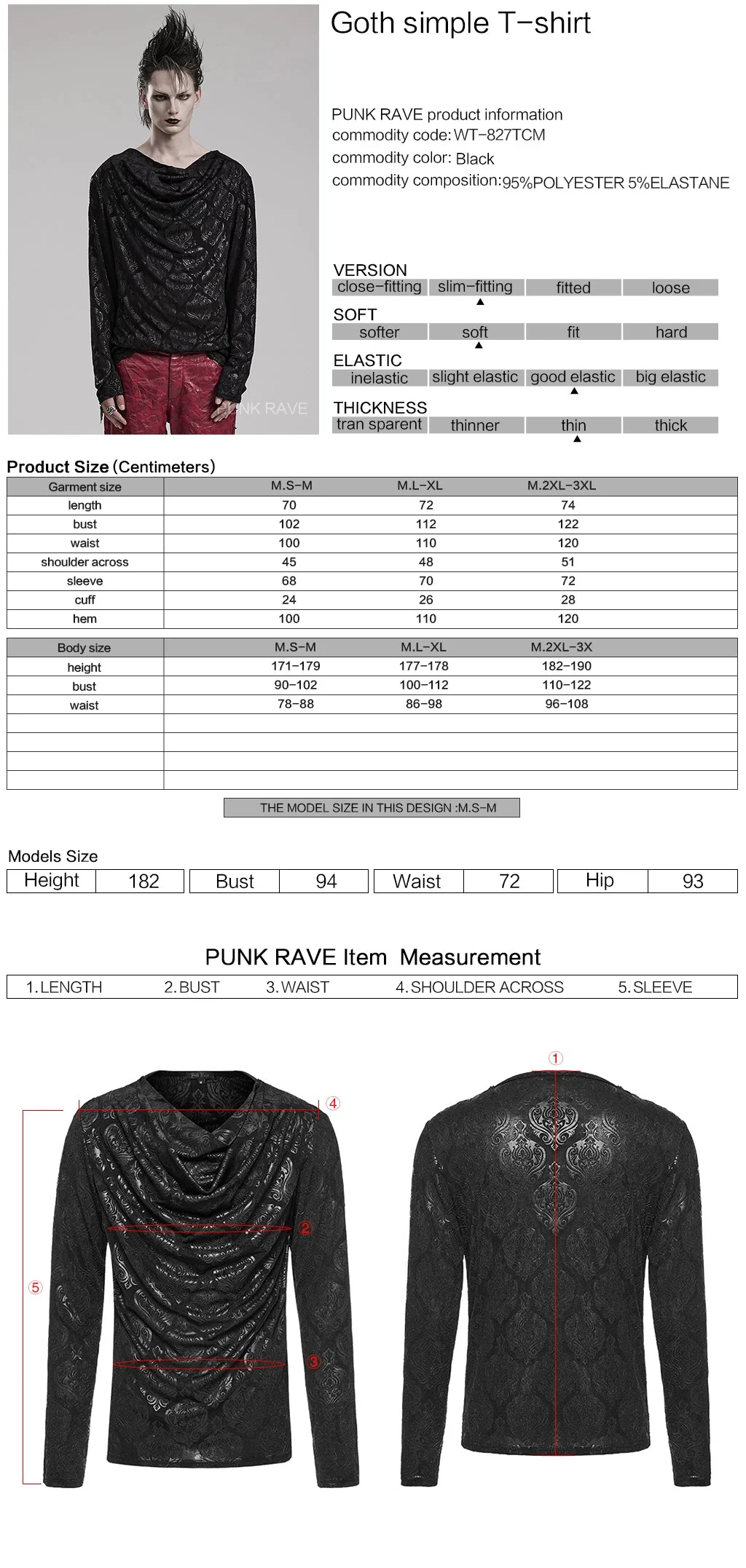WT-827TCM Gothic Lace Drape T-Shirt Long Sleeve black Pullover - Image 2