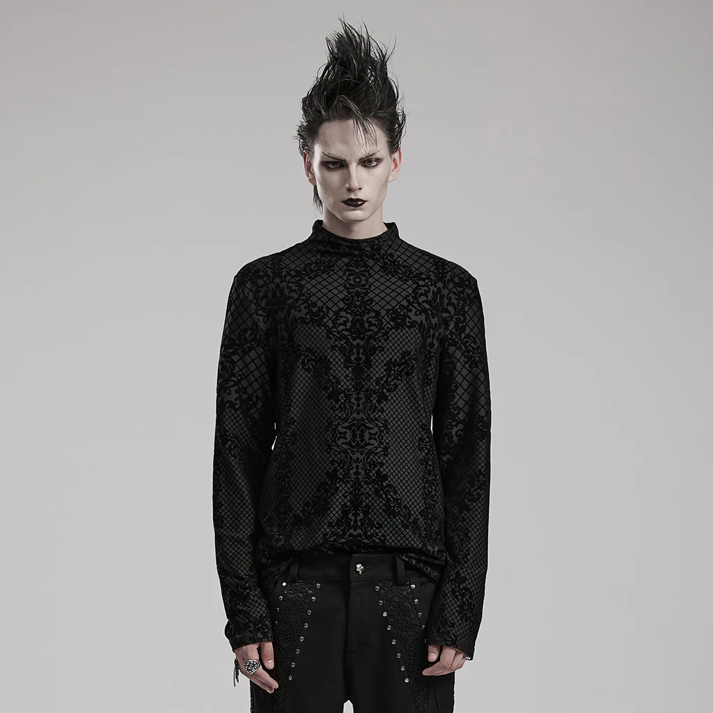 WT-830TCM Gothic T-Shirts Black Velvet Patterned Long Sleeve Top
