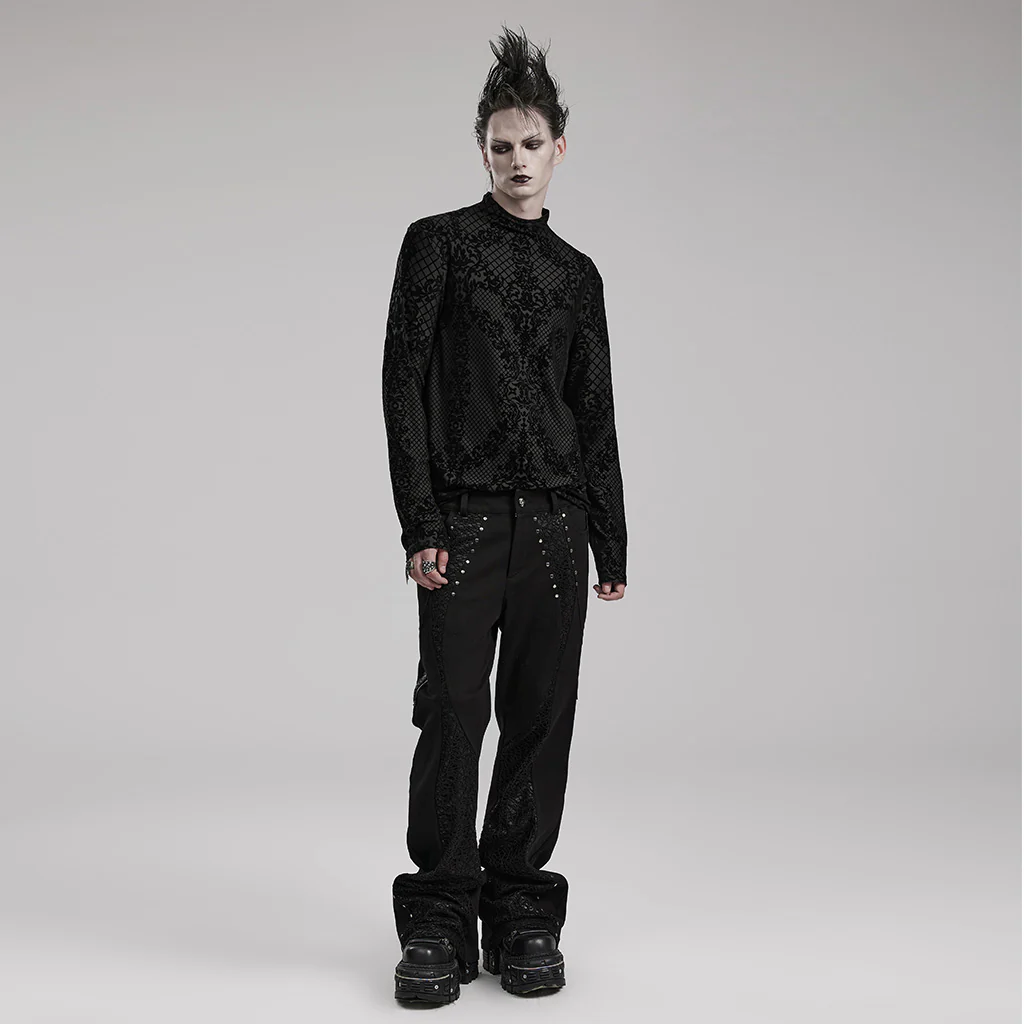 WT-830TCM Gothic T-Shirts Black Velvet Patterned Long Sleeve Top - Image 5