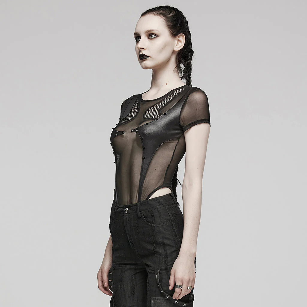 WT-845TDF Edgy black Mesh Bodysuit Rivet Detail Punk Accessories - Image 13