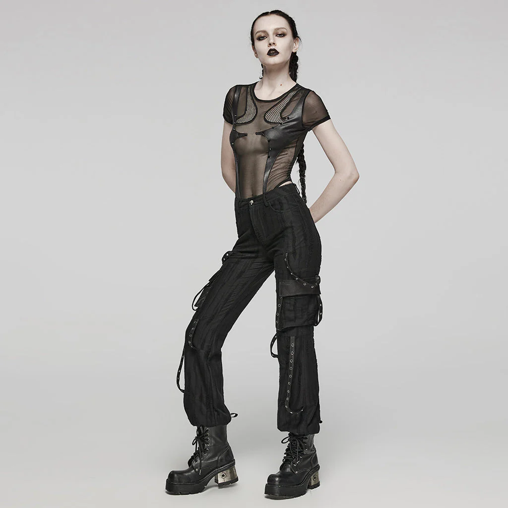 WT-845TDF Edgy black Mesh Bodysuit Rivet Detail Punk Accessories - Image 5