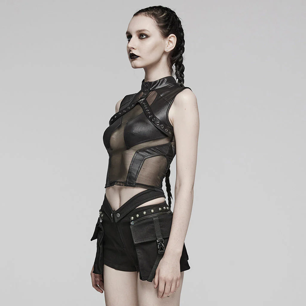 WT-848BXF Edgy Mesh Harness Gothic Punk Crop Top Shirt - Image 3