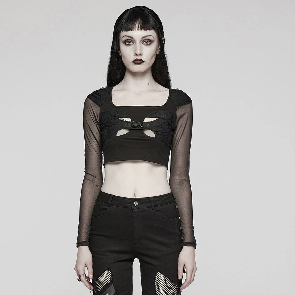 WT-850TCF Mesh Sleeve Cutout Gothic Crop Top Elegance - Image 11
